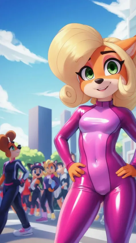 (<lora:CocoBandicoot1:1>),(1girl:1),(animal ears:0.961),(blonde hair:0.78),(blue sky:0.975),(small breasts:0.981),(building:0.952),(city:0.815),(closed mouth:0.715),(cloud:0.971),(day:0.98),(furry:0.941),(furry female:0.963),(green eyes:0.925),(hand on hip:0.937),(hands on hips:0.966),(long hair:0.853),(looking at viewer:0.633),(outdoors:0.967),(sky:0.989),(skyscraper:0.862),(small breasts:0.673),(smile:0.902),(solo:0.997),(standing in a crowded street with people watching),(standing:0.709),(tree:0.596),(coco bandicoot),AS-Young,coco bandicoot in a skintight latex racing suit,