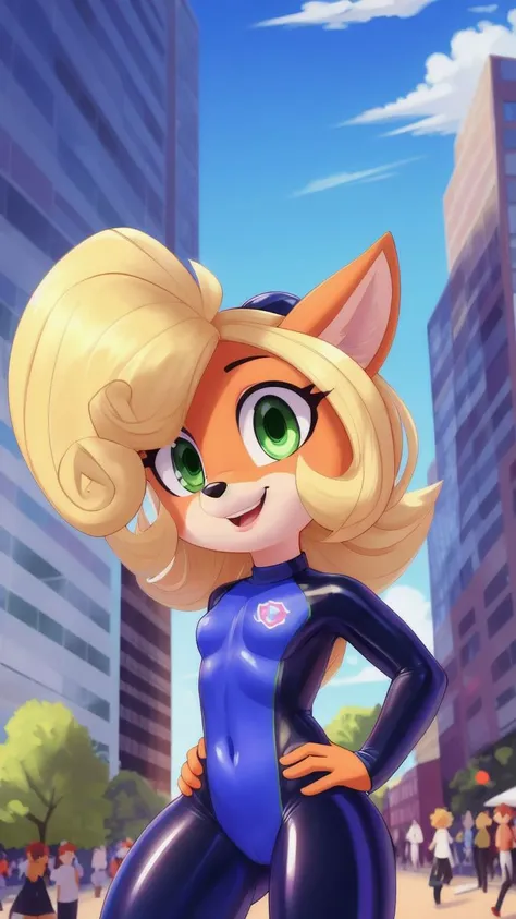 (<lora:CocoBandicoot1:1>),(1girl:1),(animal ears:0.961),(blonde hair:0.78),(blue sky:0.975),(small breasts:0.981),(building:0.952),(city:0.815),(closed mouth:0.715),(cloud:0.971),(day:0.98),(furry:0.941),(furry female:0.963),(green eyes:0.925),(hand on hip:0.937),(hands on hips:0.966),(long hair:0.853),(looking at viewer:0.633),(outdoors:0.967),(sky:0.989),(skyscraper:0.862),(small breasts:0.673),(smile:0.902),(solo:0.997),(standing in a crowded street with people watching),(standing:0.709),(tree:0.596),(coco bandicoot),AS-Young,coco bandicoot in a skintight latex racing suit,