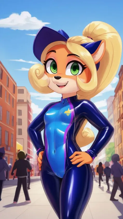 (<lora:CocoBandicoot1:1>),(1girl:1),(animal ears:0.961),(blonde hair:0.78),(blue sky:0.975),(small breasts:0.981),(building:0.952),(city:0.815),(closed mouth:0.715),(cloud:0.971),(day:0.98),(furry:0.941),(furry female:0.963),(green eyes:0.925),(hand on hip:0.937),(hands on hips:0.966),(long hair:0.853),(looking at viewer:0.633),(outdoors:0.967),(sky:0.989),(skyscraper:0.862),(small breasts:0.673),(smile:0.902),(solo:0.997),(standing in a crowded street with people watching),(standing:0.709),(tree:0.596),(coco bandicoot),AS-Young,coco bandicoot in a skintight latex racing suit,