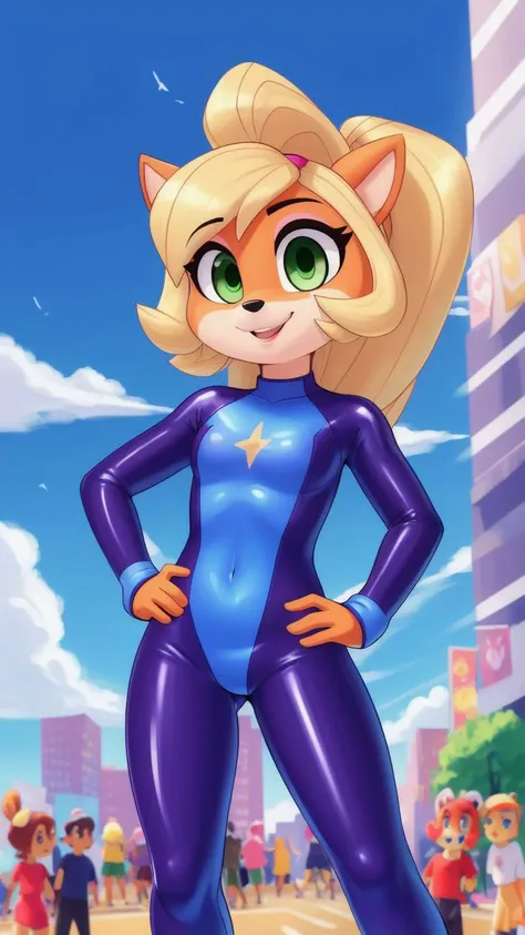 (<lora:CocoBandicoot1:1>),(1girl:1),(animal ears:0.961),(blonde hair:0.78),(blue sky:0.975),(small breasts:0.981),(building:0.952),(city:0.815),(closed mouth:0.715),(cloud:0.971),(day:0.98),(furry:0.941),(furry female:0.963),(green eyes:0.925),(hand on hip:0.937),(hands on hips:0.966),(long hair:0.853),(looking at viewer:0.633),(outdoors:0.967),(sky:0.989),(skyscraper:0.862),(small breasts:0.673),(smile:0.902),(solo:0.997),(standing in a crowded street with people watching),(standing:0.709),(tree:0.596),(coco bandicoot),AS-Young,coco bandicoot in a skintight latex racing suit,