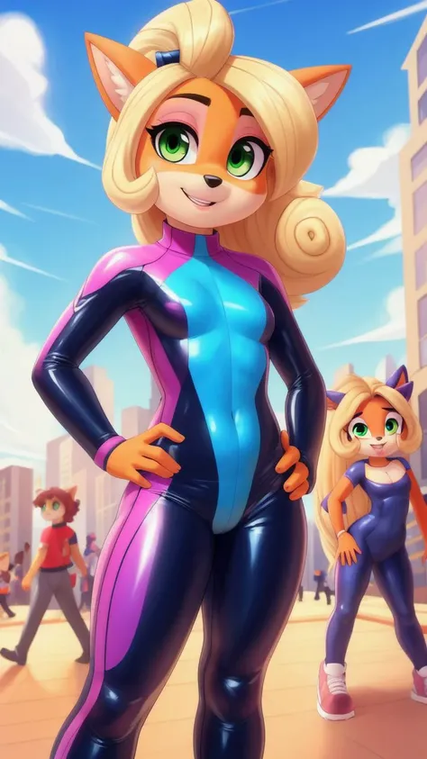 (<lora:CocoBandicoot1:1>),(1girl:1),(animal ears:0.961),(blonde hair:0.78),(blue sky:0.975),(small breasts:0.981),(building:0.952),(city:0.815),(closed mouth:0.715),(cloud:0.971),(day:0.98),(furry:0.941),(furry female:0.963),(green eyes:0.925),(hand on hip:0.937),(hands on hips:0.966),(long hair:0.853),(looking at viewer:0.633),(outdoors:0.967),(sky:0.989),(skyscraper:0.862),(small breasts:0.673),(smile:0.902),(solo:0.997),(standing in a crowded street with people watching),(standing:0.709),(tree:0.596),(coco bandicoot),AS-Young,coco bandicoot in a skintight latex racing suit,