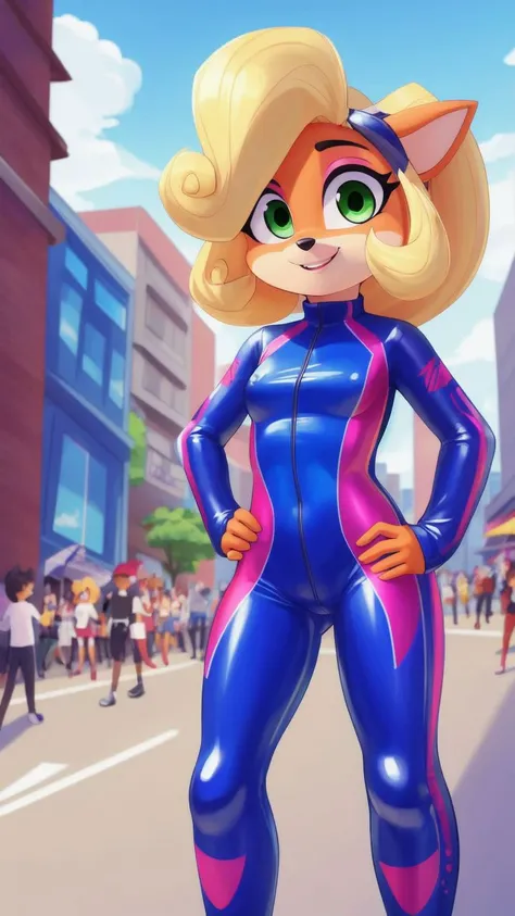 (<lora:CocoBandicoot1:1>),(1girl:1),(animal ears:0.961),(blonde hair:0.78),(blue sky:0.975),(small breasts:0.981),(building:0.952),(city:0.815),(closed mouth:0.715),(cloud:0.971),(day:0.98),(furry:0.941),(furry female:0.963),(green eyes:0.925),(hand on hip:0.937),(hands on hips:0.966),(long hair:0.853),(looking at viewer:0.633),(outdoors:0.967),(sky:0.989),(skyscraper:0.862),(small breasts:0.673),(smile:0.902),(solo:0.997),(standing in a crowded street with people watching),(standing:0.709),(tree:0.596),(coco bandicoot),AS-Young,coco bandicoot in a skintight latex racing suit,