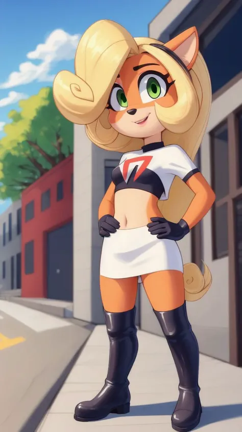(<lora:CocoBandicoot1:1>),(1girl:1),(animal ears:0.961),(blonde hair:0.78),(blue sky:0.975),(small breasts:0.981),(building:0.952),(city:0.815),(closed mouth:0.715),(cloud:0.971),(day:0.98),(furry:0.941),(furry female:0.963),(green eyes:0.925),(hand on hip:0.937),(hands on hips:0.966),(long hair:0.853),(looking at viewer:0.633),(outdoors:0.967),(sky:0.989),(skyscraper:0.862),(small breasts:0.673),(smile:0.902),(solo:0.997),(standing in a crowded street),(standing:0.709),(tree:0.596),(coco bandicoot),AS-Young,team rocket uniform,white jacket,white skirt,(thighhigh boots),midriff,<lora:team-rocket-uniform-08:1>,