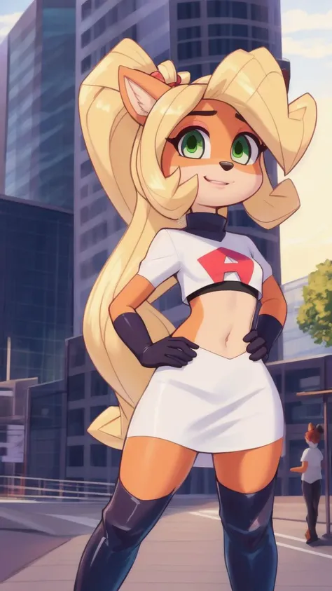 (<lora:CocoBandicoot1:1>),(1girl:1),(animal ears:0.961),(blonde hair:0.78),(blue sky:0.975),(small breasts:0.981),(building:0.952),(city:0.815),(closed mouth:0.715),(cloud:0.971),(day:0.98),(furry:0.941),(furry female:0.963),(green eyes:0.925),(hand on hip:0.937),(hands on hips:0.966),(long hair:0.853),(looking at viewer:0.633),(outdoors:0.967),(sky:0.989),(skyscraper:0.862),(small breasts:0.673),(smile:0.902),(solo:0.997),(standing in a crowded street),(standing:0.709),(tree:0.596),(coco bandicoot),AS-Young,team rocket uniform,white jacket,white skirt,(thighhigh boots),midriff,<lora:team-rocket-uniform-08:1>,