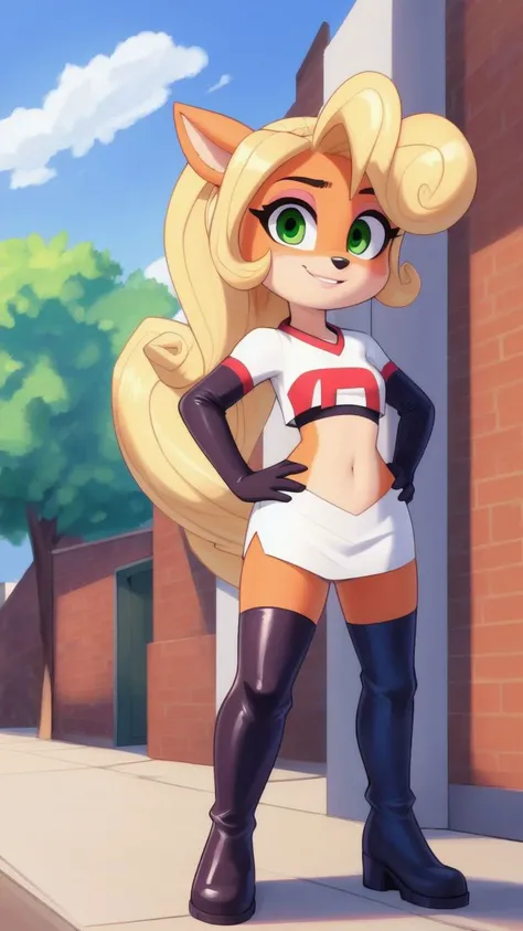 (<lora:CocoBandicoot1:1>),(1girl:1),(animal ears:0.961),(blonde hair:0.78),(blue sky:0.975),(small breasts:0.981),(building:0.952),(city:0.815),(closed mouth:0.715),(cloud:0.971),(day:0.98),(furry:0.941),(furry female:0.963),(green eyes:0.925),(hand on hip:0.937),(hands on hips:0.966),(long hair:0.853),(looking at viewer:0.633),(outdoors:0.967),(sky:0.989),(skyscraper:0.862),(small breasts:0.673),(smile:0.902),(solo:0.997),(standing in a crowded street),(standing:0.709),(tree:0.596),(coco bandicoot),AS-Young,team rocket uniform,white jacket,white skirt,(thighhigh boots),midriff,<lora:team-rocket-uniform-08:1>,