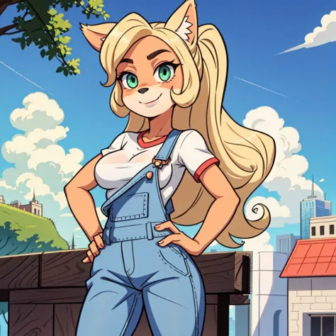 (1girl:1.000), (animal ears:0.961), (blonde hair:0.780), (blue sky:0.975), (breasts:0.881), (building:0.952), (city:0.815), (closed mouth:0.715), (cloud:0.971), (day:0.980), (furry:0.941), (furry female:0.963), (green eyes:0.925), (hand on hip:0.937), (hands on hips:0.966), (long hair:0.853), (looking at viewer:0.633), (outdoors:0.967), (overalls:0.798), (shirt:0.869), (short sleeves:0.679), (sky:0.989), (skyscraper:0.862), (small breasts:0.673), (smile:0.902), (solo:0.997), (standing:0.709), (tree:0.596), (white shirt:0.894), <lora:CocoBandicoot1:1>,coco bandicoot,