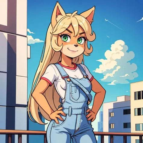 (1girl:1.000), (animal ears:0.961), (blonde hair:0.780), (blue sky:0.975), (breasts:0.881), (building:0.952), (city:0.815), (closed mouth:0.715), (cloud:0.971), (day:0.980), (furry:0.941), (furry female:0.963), (green eyes:0.925), (hand on hip:0.937), (hands on hips:0.966), (long hair:0.853), (looking at viewer:0.633), (outdoors:0.967), (overalls:0.798), (shirt:0.869), (short sleeves:0.679), (sky:0.989), (skyscraper:0.862), (small breasts:0.673), (smile:0.902), (solo:0.997), (standing:0.709), (tree:0.596), (white shirt:0.894), <lora:CocoBandicoot1:1>,coco bandicoot,