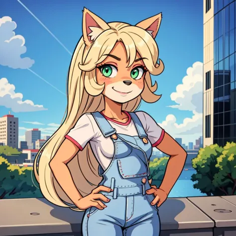 (1girl:1.000), (animal ears:0.961), (blonde hair:0.780), (blue sky:0.975), (breasts:0.881), (building:0.952), (city:0.815), (closed mouth:0.715), (cloud:0.971), (day:0.980), (furry:0.941), (furry female:0.963), (green eyes:0.925), (hand on hip:0.937), (hands on hips:0.966), (long hair:0.853), (looking at viewer:0.633), (outdoors:0.967), (overalls:0.798), (shirt:0.869), (short sleeves:0.679), (sky:0.989), (skyscraper:0.862), (small breasts:0.673), (smile:0.902), (solo:0.997), (standing:0.709), (tree:0.596), (white shirt:0.894), <lora:CocoBandicoot1:1>,coco bandicoot,