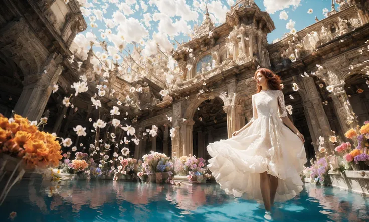 ((((There were flowers floating in the air:1.4)))),
(((dramatic))),(strong),(fierce),
A film with a young woman as the main character.,
(Low Angle shooting:1.4),(((super wide Angle lens:1.4))),realistic 32K resolution,(extremely detailed textures and lighting:1.6),
The girl with the red hair,(((Milky skin))),(((shiny skin))),
Smooth movement,white lace skirt with scalloped hem,ornate,((architectural structures made up of colorful geometric shapes:1.1)),
(Adds to the overall feeling of softness. The color palette is dominated by saturated paint pools),(ornate:1.2),architectural structures made up of colored geometric shapes,reimagined religious art,
With bright colors,make the film dynamic and visual impact,elegant,feminine,energetic,costume,pose,front,color,dynamic,background,elements,confident,expression,accessories,majestic,coiled,around,scene,bold,eye-catching,stylish,font,attractive,title,large,eye-catching,modern,focused,stylish,full body,(long legs:1.1),visual impact,((1.3) to walk:),(high contrast:1.2),(high saturation:1.2),(hand on the pocket),<lora:绪å¿-è¶
广è§super wide lens:0.7>,<lora:add_detail:0.3>,, Best quality,masterpiece,ultra high res,(photorealistic:1.4),raw photo,