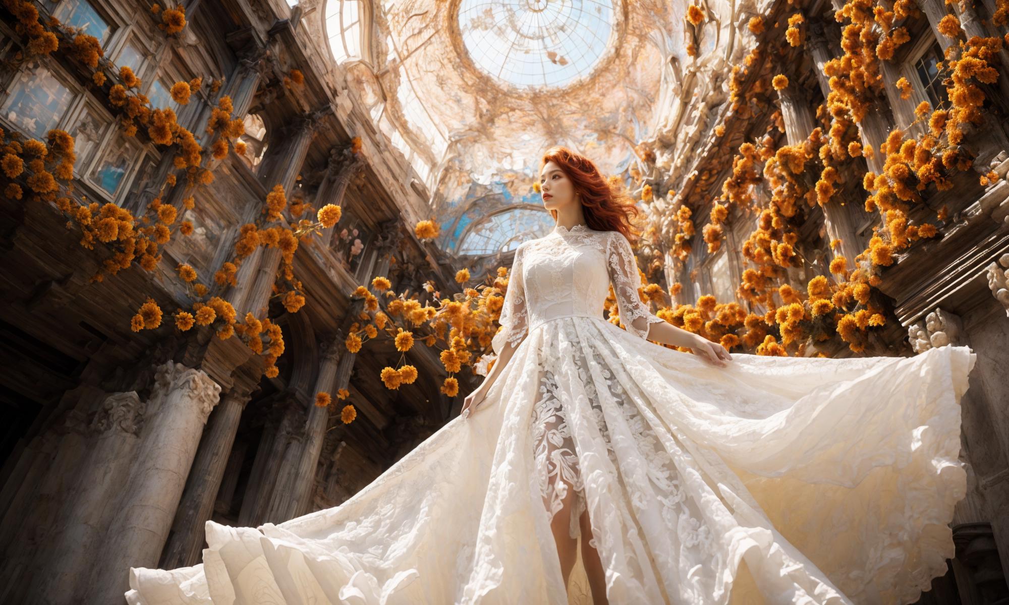 A woman in a white dress is standing in a room with flowers - SeaArt AI