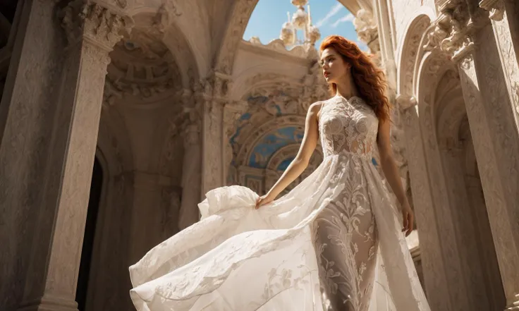 Masterpiece, (((full figure supermodel nipslip))) entire body in frame, (((magical lighting action shot))) (((beautiful fit pale smiling goddess Irish woman standing on marble surrounded by clouds in heaven vast fantasy landscape))), (((white lace mesh exotic intricate heavenly dress side boobs hanging out, porny, looking into the camera))) , ((( redhead hair, accurate hands accurate eyes))) moody lighting, blue hour, blue colors, very detailed, dramatic lighting, digital art trending on Artstation 8k HD high definition detailed realistic, detailed, skin texture, hyper detailed, realistic skin texture, armature, best quality, ultra high res, (photorealistic:1.4), high resolution, detailed, raw photo, sharp re, nikon d850 film stock photograph 4 kodak portra 400 camera f1.6 lens rich colors hyper realistic lifelike texture dramatic lighting unrealengine trending on artstation cinestill 800, (((accurate female anatomy, perfect eyes))) (((500px, fstoppers, photosight.ru, iso noise)))