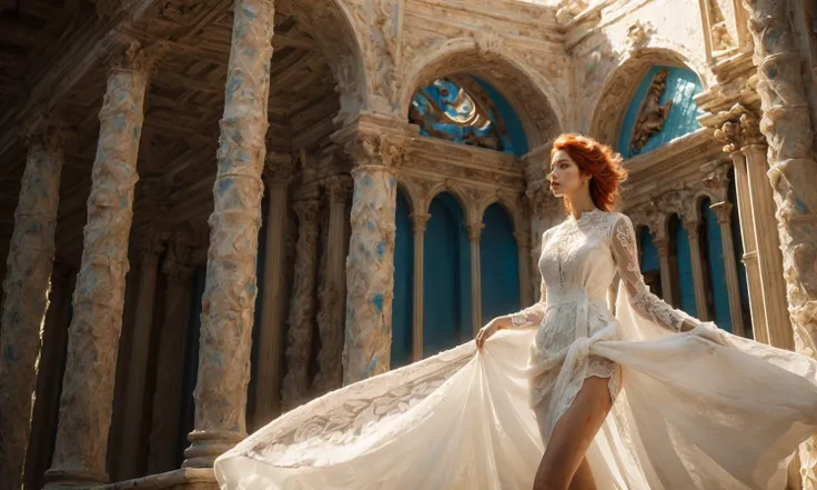 Similar to the towering Tetris building,
(((dramatic))),(strong),(fierce),
A film with a young woman as the main character. Low Angle shooting,(((super wide Angle lens:1.4))),realistic 32K resolution,(extremely detailed textures and lighting:1.6),
The girl with the red hair,(((Milky skin))),(((shiny skin))),
Smooth movement,white lace skirt with scalloped hem,ornate,((architectural structures made up of colorful geometric shapes:1.1)),
(Adds to the overall feeling of softness. The color palette is dominated by saturated paint pools),(ornate:1.2),architectural structures made up of colored geometric shapes,reimagined religious art,
With bright colors,make the film dynamic and visual impact,elegant,feminine,energetic,costume,pose,front,color,dynamic,background,elements,confident,expression,accessories,majestic,coiled,around,scene,bold,eye-catching,stylish,font,attractive,title,large,eye-catching,modern,focused,stylish,full body,(long legs:1.1),visual impact,((1.3) to walk:),(high contrast:1.2),(high saturation:1.2),(hand on the pocket),<lora:ç»ªå¿-è¶å¹¿è§super wide lens:0.6>,<lora:add_detail:0.4>,, Best quality,masterpiece,ultra high res,(photorealistic:1.4),raw photo,