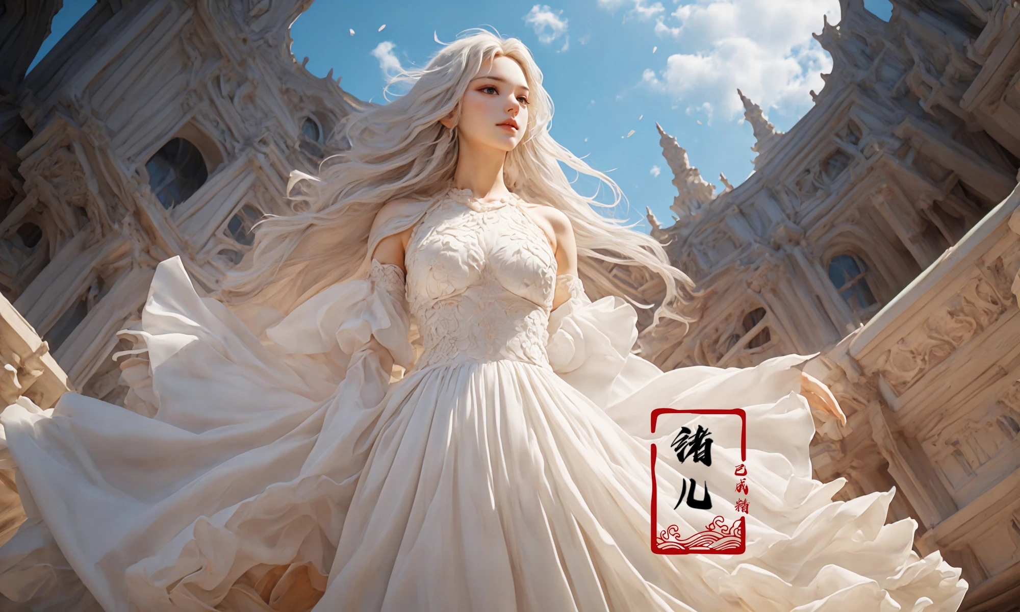 (Low Angle shooting, super wide lens:1.1), highly detailed, dynamic, cinematic, stunning, realistic lighting and shading, vivid, vibrant, octane render, unreal engine, very detailed, concept art, realistic, Cry engine,
(dramatic, gritty, intense:1.4),masterpiece, best quality, 32k uhd, insane details, intricate details, hyperdetailed, hyper quality, high detail, ultra detailed, Masterpiece,
1girl, solo, (full body:1.7), (long legsskinny legs:1.5), (Milky skin, shiny skin:1.5)(white hair:1.5)(Luxurious Satin Ball Gown with Embroidered Bodice and Tiered Ruffled Skirt:1.5)exposed collarbone, exposed shouldersexposed abdomen
<lora:~Q?-^super wide lens:0.8>