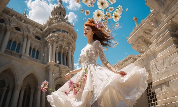 ((((There were flowers floating in the air:1.4)))),
(((dramatic))),(strong),(fierce),
A film with a young woman as the main character.,
(Low Angle shooting:1.4),(((super wide Angle lens:1.4))),realistic 32K resolution,(extremely detailed textures and lighting:1.6),
The girl with the red hair,(((Milky skin))),(((shiny skin))),
Smooth movement,white lace skirt with scalloped hem,ornate,((architectural structures made up of colorful geometric shapes:1.1)),
(Adds to the overall feeling of softness. The color palette is dominated by saturated paint pools),(ornate:1.2),architectural structures made up of colored geometric shapes,reimagined religious art,
With bright colors,make the film dynamic and visual impact,elegant,feminine,energetic,costume,pose,front,color,dynamic,background,elements,confident,expression,accessories,majestic,coiled,around,scene,bold,eye-catching,stylish,font,attractive,title,large,eye-catching,modern,focused,stylish,full body,(long legs:1.1),visual impact,((1.3) to walk:),(high contrast:1.2),(high saturation:1.2),(hand on the pocket),<lora:ç»ªå¿-è¶å¹¿è§super wide lens:0.6>,<lora:add_detail:0.4>,, Best quality,masterpiece,ultra high res,(photorealistic:1.4),raw photo,