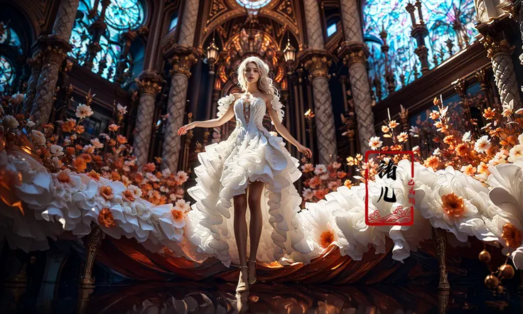highly detailed, dynamic, cinematic, stunning, realistic lighting and shading, vivid, vibrant, octane render, unreal engine, very detailed, concept art, realistic, Cry engine, 
(best quality), (real), (masterpiece),(single focus), (sing), 1girl, solo, (full body:1.5), (long legsskinny legs:1.4), (Milky skin, shiny skin:1.4)(white hair:1.5)Embellished Strapless Ball Gown with Sparkling Crystals
(dramatic, gritty, intense:1.4),masterpiece, best quality, 32k uhd, insane details, intricate details, hyperdetailed, hyper quality, high detail, ultra detailed, Masterpiece,
Low Angle shooting, super wide lens, A red-haired girl, white lace dress with a scalloped hem, with Rococo style decoration, gorgeous, An architectural structure made of multicolored geometric shapes, saturated pigment pools, fluid movements, reimagined religious art, resembles towering Russian block architecture, extremely detailed textures and lights, photorealistic 32K resolution  <lora:super wide lens_20231008132837:1>
