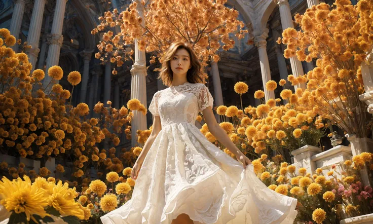 (((There were flowers floating in the air))),(Coloured balloon:1.1),(Chrysanthemum terrace:1.4),
(((dramatic))),(strong),(fierce),
A film with a young woman as the main character.,
(Low Angle shooting:1.1),(((super wide Angle lens:1.3))),realistic 32K resolution,(extremely detailed textures and lighting:1.6),
The girl with the red hair,(((Milky skin))),(((shiny skin))),
Smooth movement,white lace skirt with scalloped hem,ornate,((architectural structures made up of colorful geometric shapes:1.1)),
(Adds to the overall feeling of softness. The color palette is dominated by saturated paint pools),(ornate:1.2),architectural structures made up of colored geometric shapes,reimagined religious art,
With bright colors,make the film dynamic and visual impact,elegant,feminine,energetic,costume,pose,front,color,dynamic,background,elements,confident,expression,accessories,majestic,coiled,around,scene,bold,eye-catching,stylish,font,attractive,title,large,eye-catching,modern,focused,stylish,full body,(long legs:1.1),visual impact,((1.3) to walk:),(high contrast:1.2),(high saturation:1.2),(hand on the pocket),<lora:绪å¿-è¶
广è§super wide lens:0.6>,<lora:add_detail:0.4>,, Best quality,masterpiece,ultra high res,(photorealistic:1.4),raw photo,