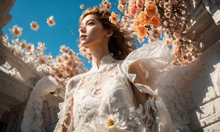 ((((There were flowers floating in the air:1.4)))),
(((dramatic))),(strong),(fierce),
A film with a young woman as the main character.,
(Low Angle shooting:1.4),(((super wide Angle lens:1.4))),realistic 32K resolution,(extremely detailed textures and lighting:1.6),
The girl with the red hair,(((Milky skin))),(((shiny skin))),
Smooth movement,white lace skirt with scalloped hem,ornate,((architectural structures made up of colorful geometric shapes:1.1)),
(Adds to the overall feeling of softness. The color palette is dominated by saturated paint pools),(ornate:1.2),architectural structures made up of colored geometric shapes,reimagined religious art,
With bright colors,make the film dynamic and visual impact,elegant,feminine,energetic,costume,pose,front,color,dynamic,background,elements,confident,expression,accessories,majestic,coiled,around,scene,bold,eye-catching,stylish,font,attractive,title,large,eye-catching,modern,focused,stylish,full body,(long legs:1.1),visual impact,((1.3) to walk:),(high contrast:1.2),(high saturation:1.2),(hand on the pocket),<lora:绪å¿-è¶
广è§super wide lens:0.7>,<lora:add_detail:0.3>,, Best quality,masterpiece,ultra high res,(photorealistic:1.4),raw photo,