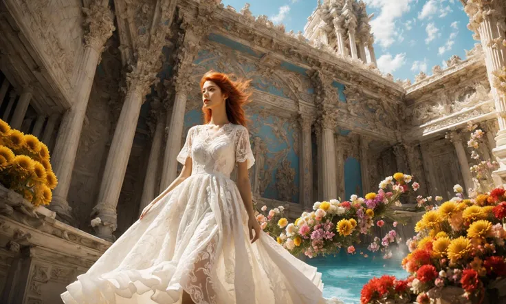 (((There were flowers floating in the air))),(Coloured balloon:1.1),(Chrysanthemum terrace:1.4),
(((dramatic))),(strong),(fierce),
A film with a young woman as the main character.,
(((Low Angle shooting:1.2))),((((super wide Angle lens:1.3)))),realistic 32K resolution,(extremely detailed textures and lighting:1.6),
The girl with the red hair,(((Milky skin))),(((shiny skin))),
Smooth movement,white lace skirt with scalloped hem,ornate,((architectural structures made up of colorful geometric shapes:1.1)),
(Adds to the overall feeling of softness. The color palette is dominated by saturated paint pools),(ornate:1.2),architectural structures made up of colored geometric shapes,reimagined religious art,
With bright colors,make the film dynamic and visual impact,elegant,feminine,energetic,costume,pose,front,color,dynamic,background,elements,confident,expression,accessories,majestic,coiled,around,scene,bold,eye-catching,stylish,font,attractive,title,large,eye-catching,modern,focused,stylish,full body,(long legs:1.1),visual impact,((1.3) to walk:),(high contrast:1.2),(high saturation:1.2),(hand on the pocket),<lora:绪å¿-è¶
广è§super wide lens:0.6>,<lora:add_detail:0.4>,, Best quality,masterpiece,ultra high res,(photorealistic:1.4),raw photo,