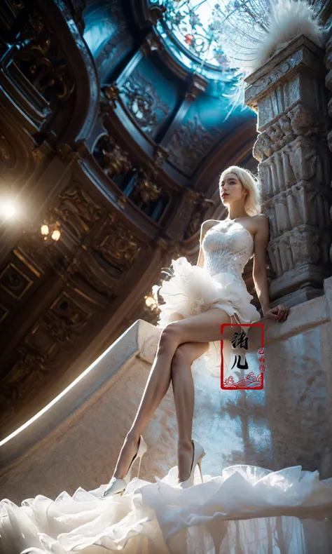 Low Angle shooting, super wide lens, highly detailed, dynamic, cinematic, stunning, realistic lighting and shading, vivid, vibrant, octane render, unreal engine, very detailed, concept art, realistic, Cry engine,
(dramatic, gritty, intense:1.4),masterpiece, best quality, 32k uhd, insane details, intricate details, hyperdetailed, hyper quality, high detail, ultra detailed, Masterpiece,
1girl, solo, (full body:1.5), (long legsskinny legs:1.5), (Milky skin, shiny skin:1.5)(white hair:1.5)Embellished Strapless Ball Gown with Sparkling Crystals <lora:~Q?-^super wide lens:0.8>