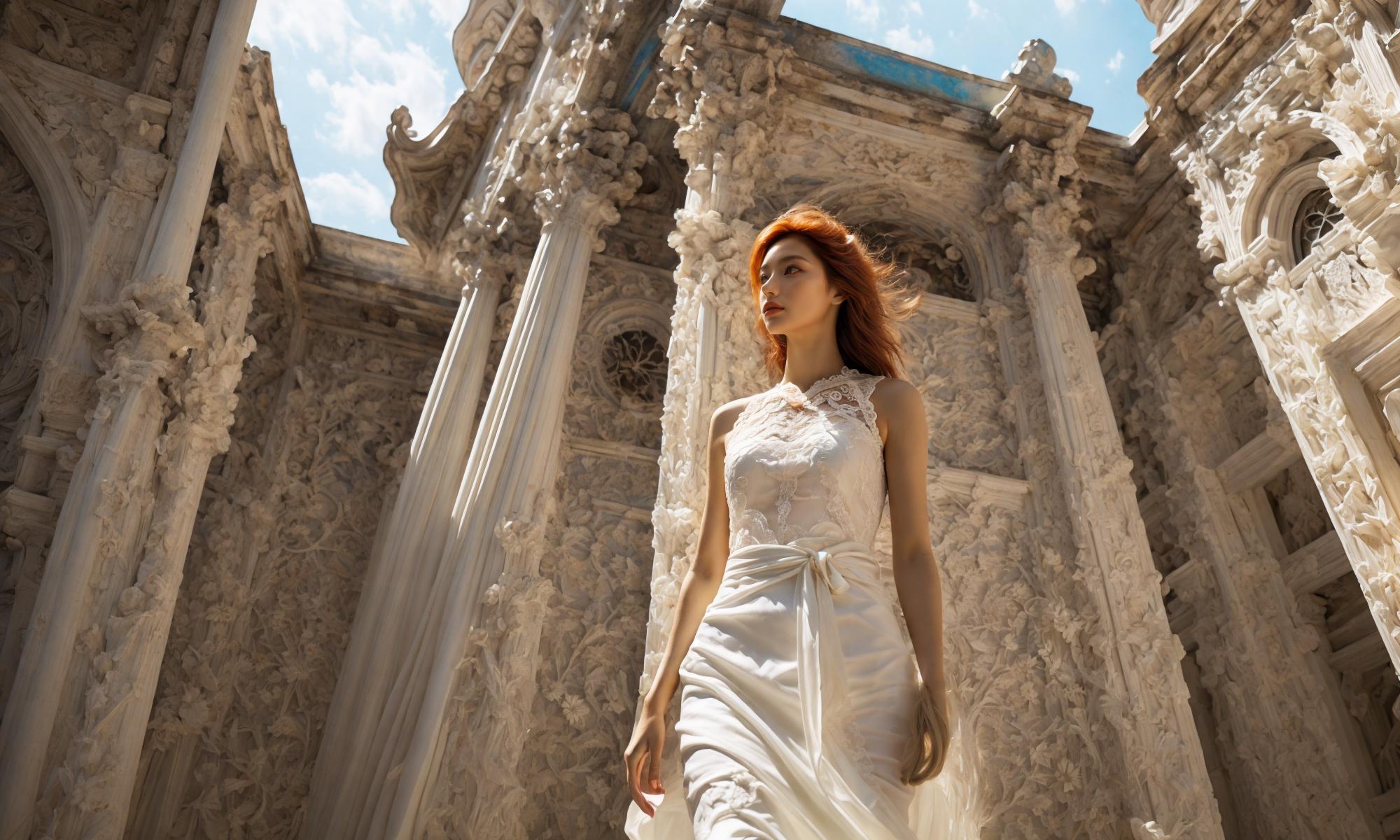 Arafed woman in a white dress walking in front of a building - SeaArt AI