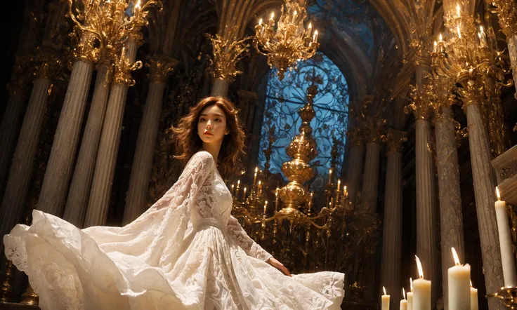 (((Night, candles, lots of candles, detailed candles,:1.3))),(Petals:1.1),((covered with petals:1.1)),Resplendent,(the overall picture noble:1.1),(((dark:1.4))),
(((dramatic))),(strong),(fierce),
A film with a young woman as the main character.,
(((Low Angle shooting:1.2))),(((super wide Angle lens:1.3))),realistic 32K resolution,
The girl with the red hair,(((Milky skin))),(((shiny skin))),
white lace skirt with scalloped hem,ornate,((architectural structures made up of colorful geometric shapes:1.1)),
(ornate:1.2),architectural structures made up of colored geometric shapes,reimagined religious art,
With bright colors,make the film dynamic and visual impact,elegant,feminine,energetic,costume,pose,front,color,dynamic,background,elements,confident,expression,accessories,majestic,coiled,around,scene,bold,eye-catching,stylish,font,attractive,title,large,eye-catching,modern,focused,stylish,full body,(long legs:1.1),visual impact,((1.3) to walk:),(high contrast:1.2),(high saturation:1.2),(hand on the pocket),<lora:绪å¿-è¶
广è§super wide lens:0.6>,<lora:add_detail:0.4>,, Best quality,masterpiece,ultra high res,(photorealistic:1.4),raw photo,