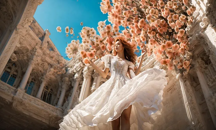 ((((There were flowers floating in the air:1.4)))),
(((dramatic))),(strong),(fierce),
A film with a young woman as the main character.,
(Low Angle shooting:1.4),(((super wide Angle lens:1.4))),realistic 32K resolution,(extremely detailed textures and lighting:1.6),
The girl with the red hair,(((Milky skin))),(((shiny skin))),
Smooth movement,white lace skirt with scalloped hem,ornate,((architectural structures made up of colorful geometric shapes:1.1)),
(Adds to the overall feeling of softness. The color palette is dominated by saturated paint pools),(ornate:1.2),architectural structures made up of colored geometric shapes,reimagined religious art,
With bright colors,make the film dynamic and visual impact,elegant,feminine,energetic,costume,pose,front,color,dynamic,background,elements,confident,expression,accessories,majestic,coiled,around,scene,bold,eye-catching,stylish,font,attractive,title,large,eye-catching,modern,focused,stylish,full body,(long legs:1.1),visual impact,((1.3) to walk:),(high contrast:1.2),(high saturation:1.2),(hand on the pocket),<lora:ç»ªå¿-è¶å¹¿è§super wide lens:0.7>,<lora:add_detail:0.3>,, Best quality,masterpiece,ultra high res,(photorealistic:1.4),raw photo,