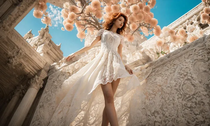 (((There were flowers floating in the air))),(Coloured balloon:1.1),(Chrysanthemum terrace:1.4),
(((dramatic))),(strong),(fierce),
A film with a young woman as the main character.,
(((Low Angle shooting:1.2))),((((super wide Angle lens:1.3)))),realistic 32K resolution,(extremely detailed textures and lighting:1.6),
The girl with the red hair,(((Milky skin))),(((shiny skin))),
Smooth movement,white lace skirt with scalloped hem,ornate,((architectural structures made up of colorful geometric shapes:1.1)),
(Adds to the overall feeling of softness. The color palette is dominated by saturated paint pools),(ornate:1.2),architectural structures made up of colored geometric shapes,reimagined religious art,
With bright colors,make the film dynamic and visual impact,elegant,feminine,energetic,costume,pose,front,color,dynamic,background,elements,confident,expression,accessories,majestic,coiled,around,scene,bold,eye-catching,stylish,font,attractive,title,large,eye-catching,modern,focused,stylish,full body,(long legs:1.1),visual impact,((1.3) to walk:),(high contrast:1.2),(high saturation:1.2),(hand on the pocket),<lora:绪å¿-è¶
广è§super wide lens:0.6>,<lora:add_detail:0.4>,, Best quality,masterpiece,ultra high res,(photorealistic:1.4),raw photo,