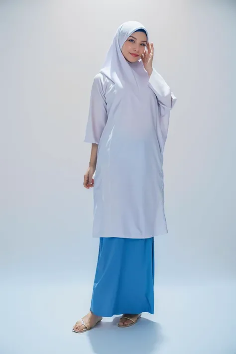 a professional half body portrait photograph of a woman posing for a photo in a studio room, (white background:1), rim lighting, two tone lighting, dimly lit, low key, neutral face, looking at viewer, <lora:epi_noiseoffset2:1>, <lora:Baju_Kurung_Sekolah:1> (baju kurung, white hijab, blue skirt:1.2)