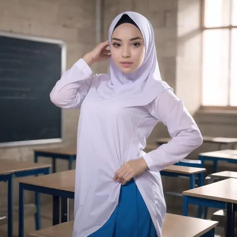 1girl, white dress, wearing white hijab, blue skirt, long sleeve white silk shirt,classroom background, beautiful, pretty, blushing, flawless, best quality, masterpiece, ultra high res, (photorealistic:1.4), raw photo, (large breasts, full body:1.2), creative upscale, standing pose,