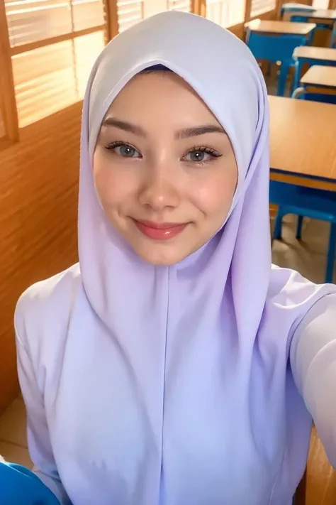 a close up selfie of a woman in a modern room, sitting on a chair in front of a table, sun kissed, warm lighting, daytime, looking at viewer, smiling, <lora:epi_noiseoffset2:1>, <lora:Baju_Kurung_Sekolah:1> (baju kurung, white hijab:1.2)