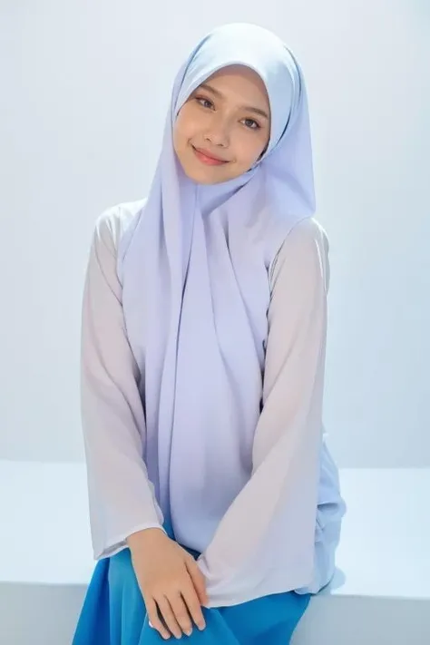 a professional half body portrait photograph of a woman posing for a photo in a studio room, (white background:1), rim lighting, two tone lighting, dimly lit, low key, neutral face, looking at viewer, <lora:epi_noiseoffset2:1>, <lora:Baju_Kurung_Sekolah:1> (baju kurung, white hijab, blue skirt:1.2)