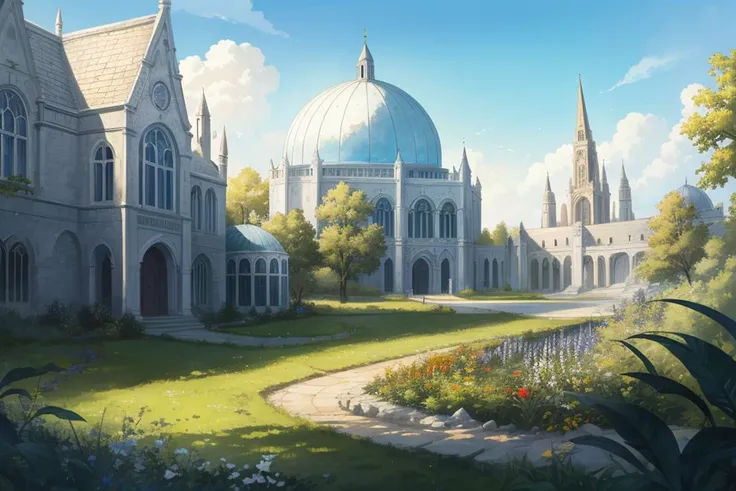 masterpiece, Dreamscape, blue quartz theater, dome, sitting isolated on top of a hill, (exterior ultrawide angle), students entering building, imposing architecture, <lora:Dreamscape-000008:0.2>