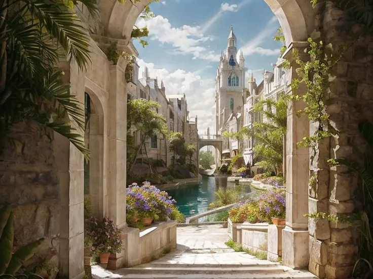 masterpiece, Best Art, Dreamscape, bright sunlit environment, trees, lake, perfect architecture, European architecture, pleasant <lora:Dreamscape-000008:1>