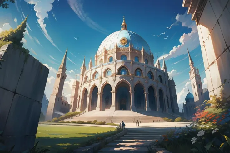 masterpiece, Dreamscape, blue quartz theater, dome, sitting isolated on top of a hill, (exterior ultrawide angle), students entering building, imposing architecture, <lora:Dreamscape-000008:0.2>
