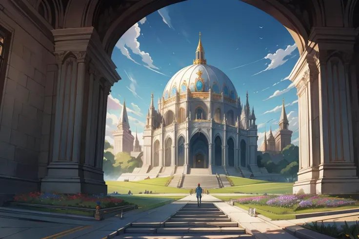 masterpiece, Dreamscape, blue quartz theater, dome, sitting isolated on top of a hill, (exterior ultrawide angle), students entering building, imposing architecture, <lora:Dreamscape-000008:0.2>