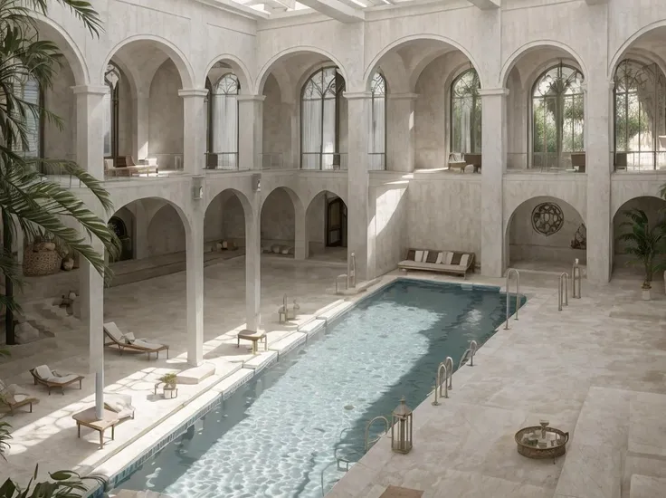 masterpiece, Dreamscape, white, pool, pleasant sunlight, perfect architecture, European architecture, pleasant <lora:Dreamscape-000008:1>