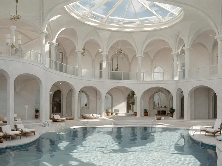 masterpiece, Dreamscape, white, pool, pleasant sunlight, perfect architecture, European architecture, pleasant  <lora:Dreamscape-000008:1>