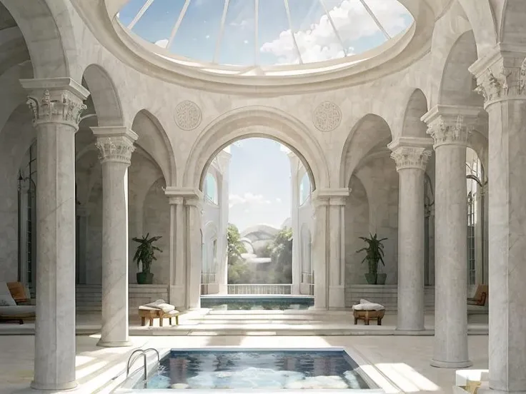 masterpiece, Dreamscape, white, pool, pleasant sunlight, perfect architecture, European architecture, pleasant <lora:Dreamscape-000008:1>