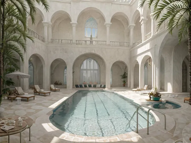 masterpiece, Dreamscape, white, pool, pleasant sunlight, perfect architecture, European architecture, pleasant <lora:Dreamscape-000008:1>