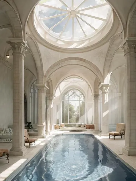 masterpiece, Dreamscape, white, pool, pleasant sunlight, perfect architecture, European architecture, pleasant <lora:Dreamscape-000008:1>