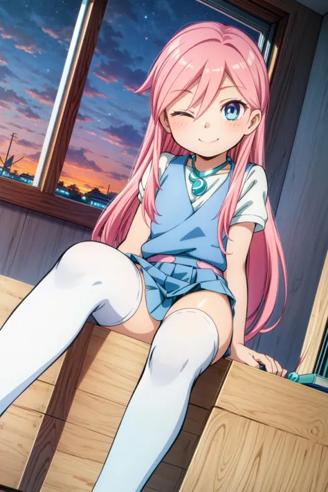 masterpiece,best quality,1girl,riruru,blue eyes,pink hair,long hair,(teal necklace),school uniform,white thighhighs,one eye closed,smile,sitting,classroom,(dusk:1.2),(dutch angle),<lora:riruru:0.7>,<lora:Concept-control tool-add_detail-CyberAIchemist>,