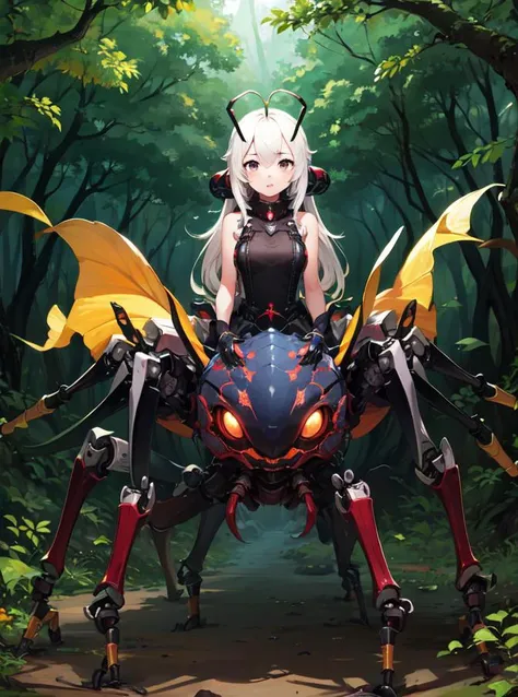 best quality,(A monster girl), forest,forest environment,(1girl:1.9),(antennae), black eyes, (ant), gaster,compound eyes,paws,looking at viewer, full body,six legs,<lora:leco_spider_tank_v20:0.5>,(non-humanoid robot),(spider tank)