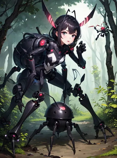 best quality,(A monster girl), forest,forest environment,(1girl:1.9),(antennae), black eyes, (ant), gaster,compound eyes,paws,looking at viewer, full body,six legs,<lora:leco_spider_tank_v20:0.5>,(non-humanoid robot),(spider tank)