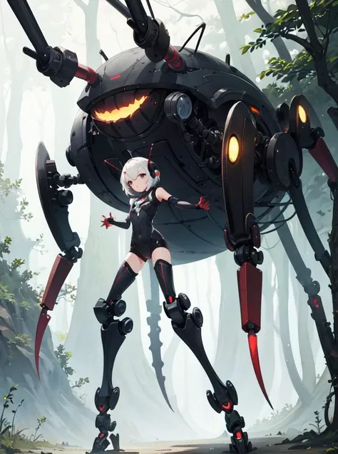 best quality,(A monster girl), forest,forest environment,(1girl:1.9),(antennae), black eyes, (ant), gaster,compound eyes,paws,looking at viewer, full body,six legs,<lora:leco_spider_tank_v20:0.5>,(non-humanoid robot),(spider tank)