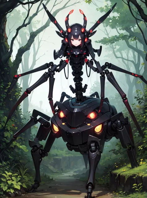 <lora:Better Sharp Teeth 3:1> masterpiece, best quality, photo of, 1girl, (insane:1.2), narrowed eyes, looking at viewer, grin, fangs, sharp teeth, looking at viewer, red eyes, short curly black hair, alleyway, <lora:[prosthetic quadruped,Quadruped machinery,mechanical tail,mechanical parts, robot joints,hydraulic system,headgear,four feet]:1>, quadruple amputee, prosthetic quadruped, arachnophobiaai, spider legs, tarantula, spider <lora:ArachnoPhobiaAI:0.8>