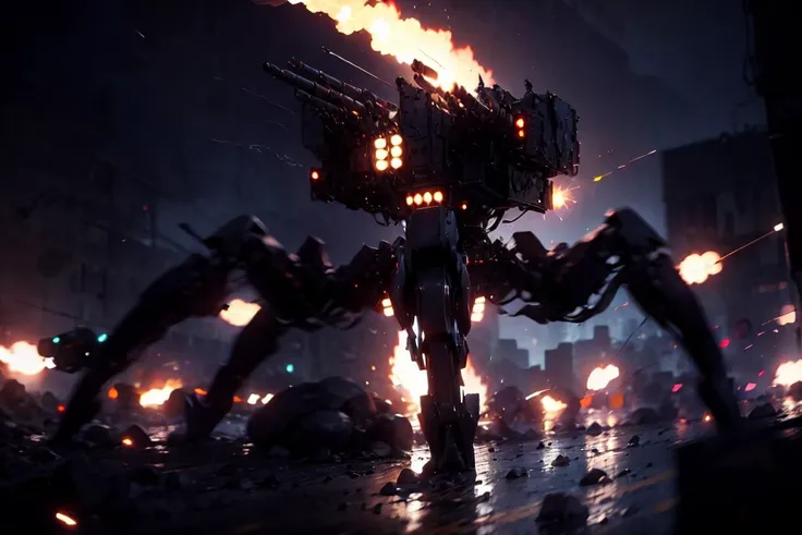 (best quality, ultra detailed) scifi, future, motion blur, tracking shot, super_speed, drive, light trails, <lora:Super_speed_running_V2:0.7>, mecha \\\(flegs\\\), <lora:quadruped mechasV2:0.8>, non-humanoid robot, mecha, firing, spider, <lora:leco_spider_tank_v20:1.0>, crawler, afterburner, sparks on the ground