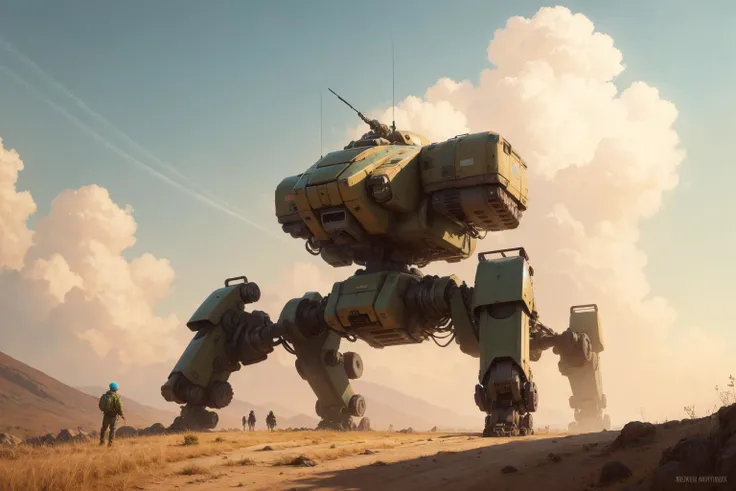 best quality,illustration,pastel color,pixie cut,forehead,mecha,robot,scenery, autumn,Beautiful sky, blowing in the wind,animal trail,nature, <lora:leco_spider_tank_v20:0.6>,non-humanoid robot,<lora:quadruped mechasV2:0.5>, (vivid:1.3)