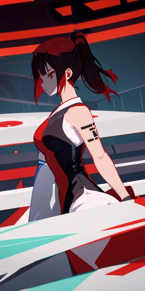 fashion photography, k-on!, portrait, Asian woman, arm tattoo, red makeup, long dress, sleeveless kimono, surrounded by abstract red and white geometry, in an abstract futuristic city, under a megastructure, mirrorsedge style, simple cartoon anime art style, digital line art <lora:MIRRORSEDGE-STYLE_v2_by_redblasterz:.85>