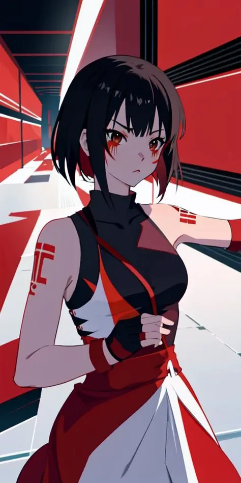 fashion photography, k-on!, portrait, Asian woman, arm tattoo, red makeup, long dress, sleeveless kimono, surrounded by abstract red and white geometry, in an abstract futuristic city, under a megastructure, mirrorsedge style, simple cartoon anime art style, digital line art <lora:MIRRORSEDGE-STYLE_v2_by_redblasterz:.85>