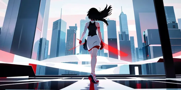fashion photography, k-on!, a woman standing inside of a cube, Asian woman, arm tattoo, short dress, sleeveless kimono, running on a ledge, surrounded by abstract red and white geometry, in a futuristic city, (rule of thirds), motion lines, mirrorsedge style, simple cartoon anime art style, digital line art <lora:MIRRORSEDGE-STYLE_v2_by_redblasterz:.85>